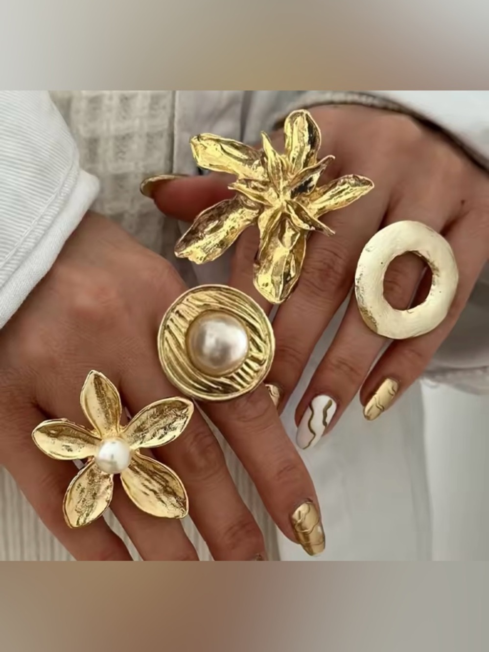 Anthropologie Gold Floral and Pearl Ring Set